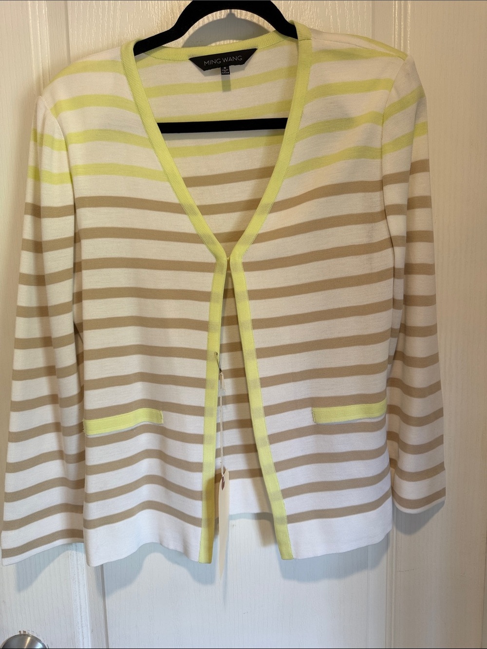 Ming Wang Cream, Beige & Yellow Trim Striped Open Cardigan